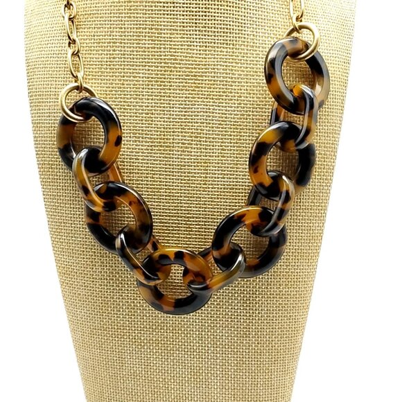 J. Crew Tortoise Shell Chain Link Statement Necklace Gold Tone Chunky - Picture 3 of 11